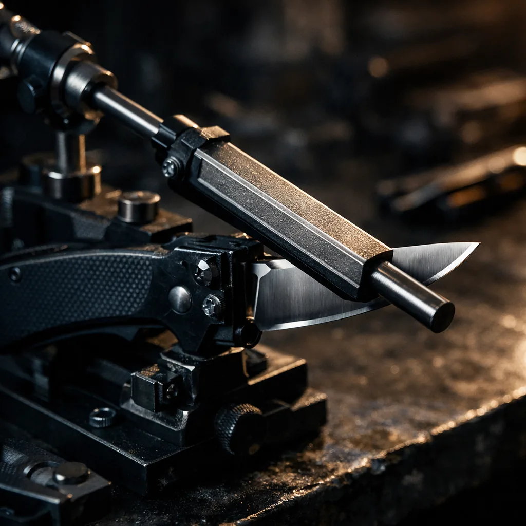 A guided sharpening system holding a pocket knife at a fixed angle