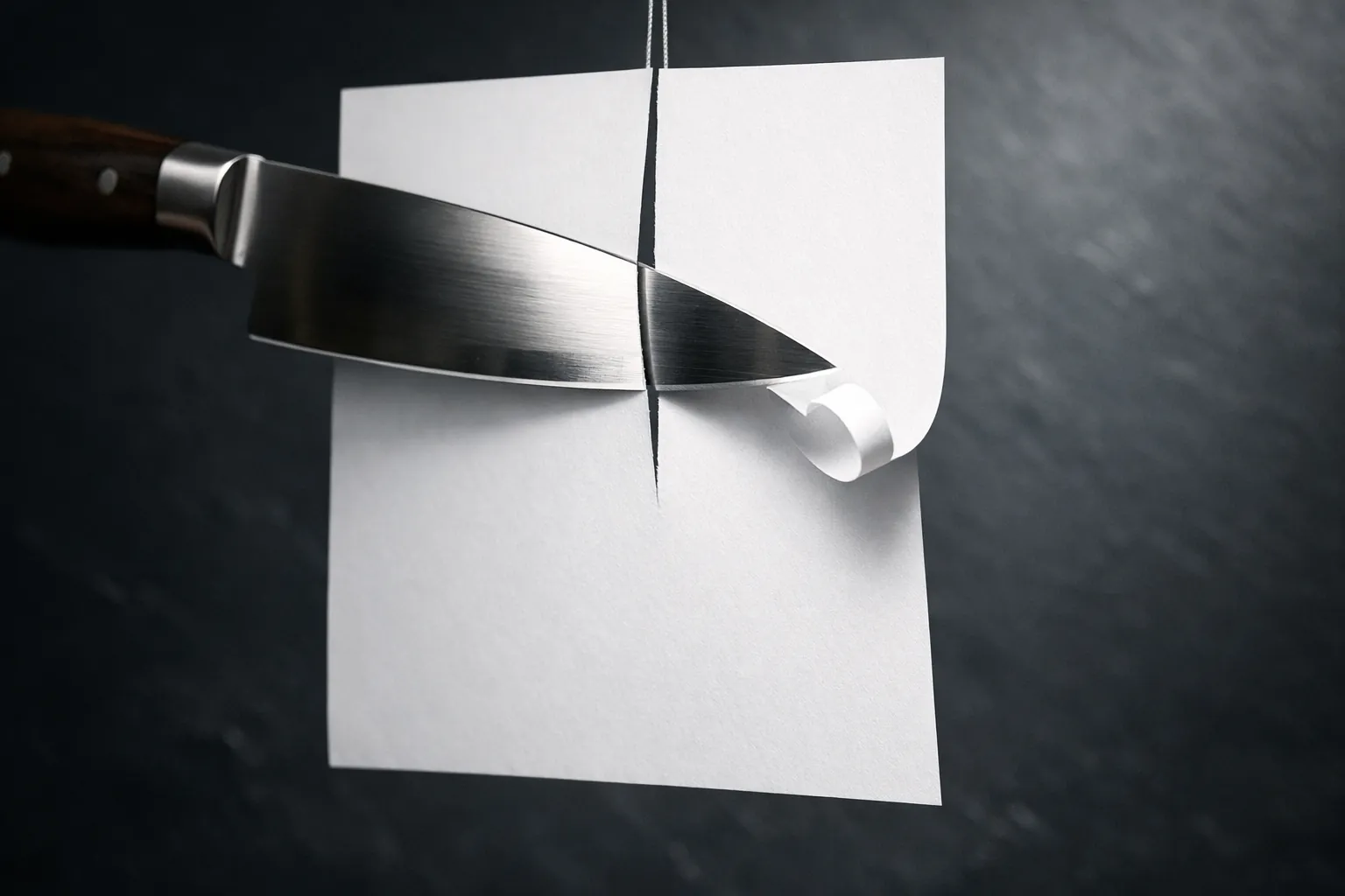 A sharpened chef's knife slicing a sheet of paper