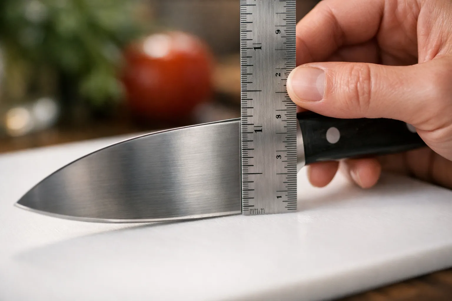 A steel ruler measuring a chef's knife from edge to spine at the heel