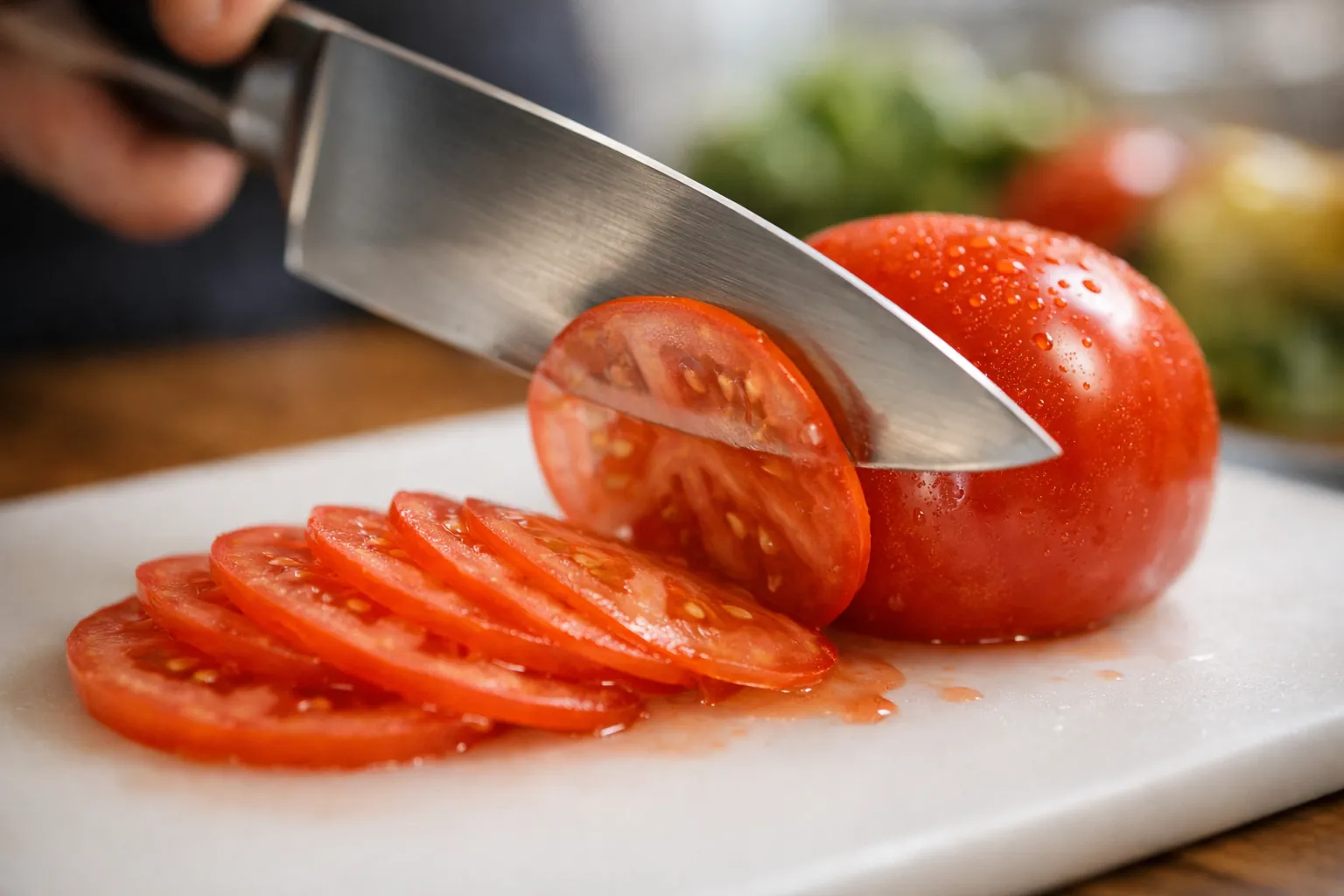 A chef's knife slicing thin tomato slices