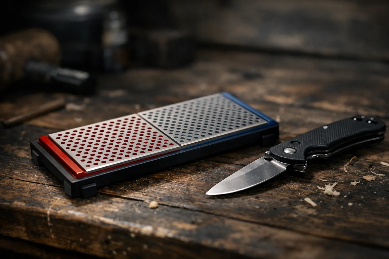 A dual-sided diamond sharpening plate next to a pocket knife