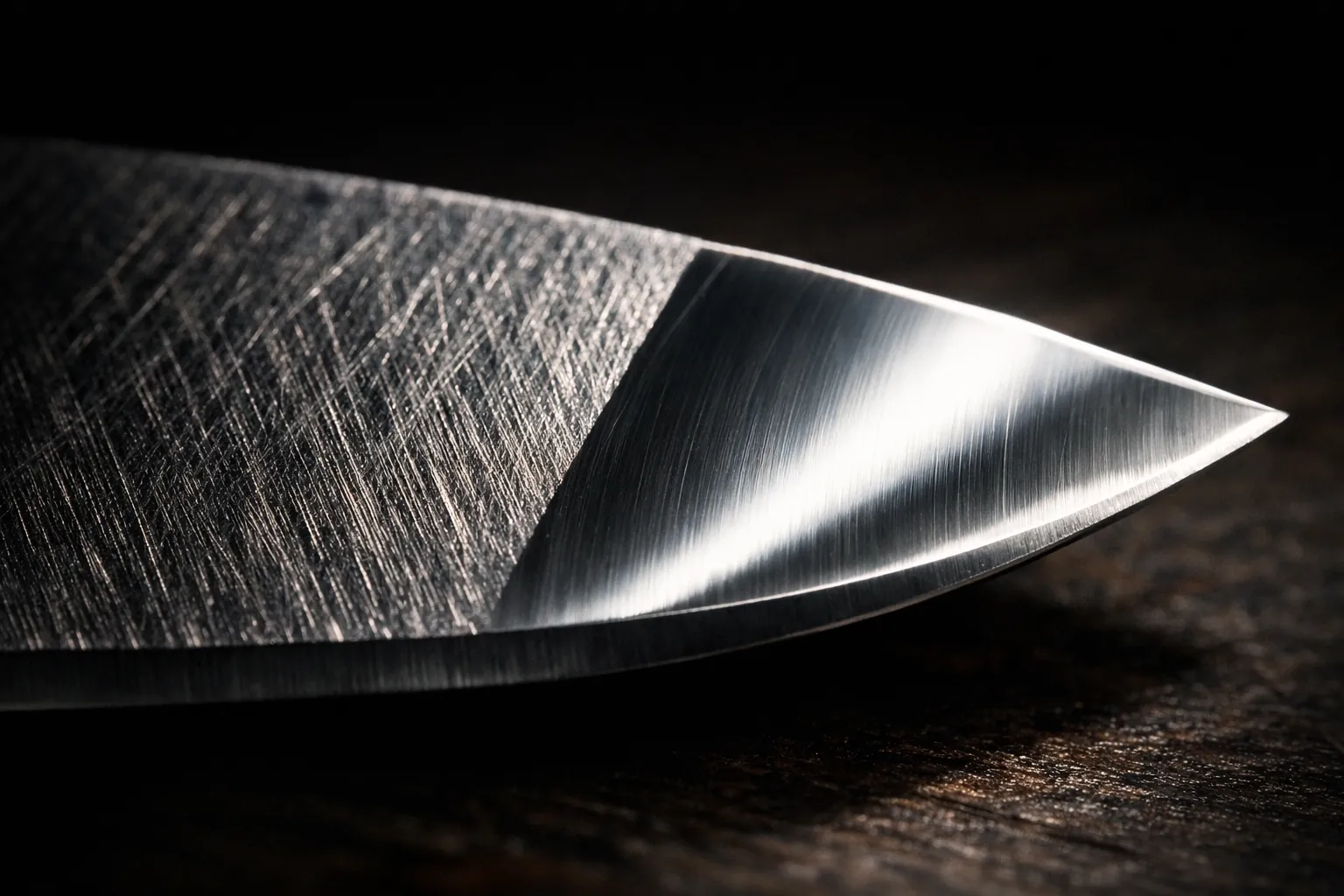 A blade bevel with coarse scratches on one half and a polished finish on the other