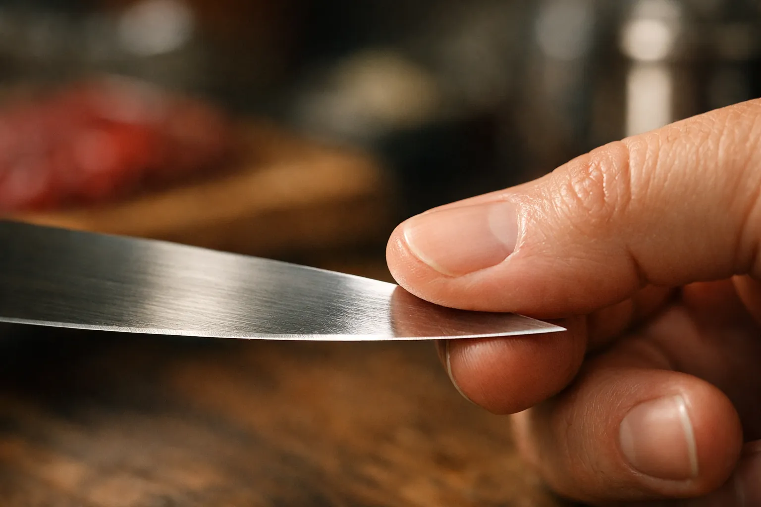 A thumb checking across a knife edge for a burr