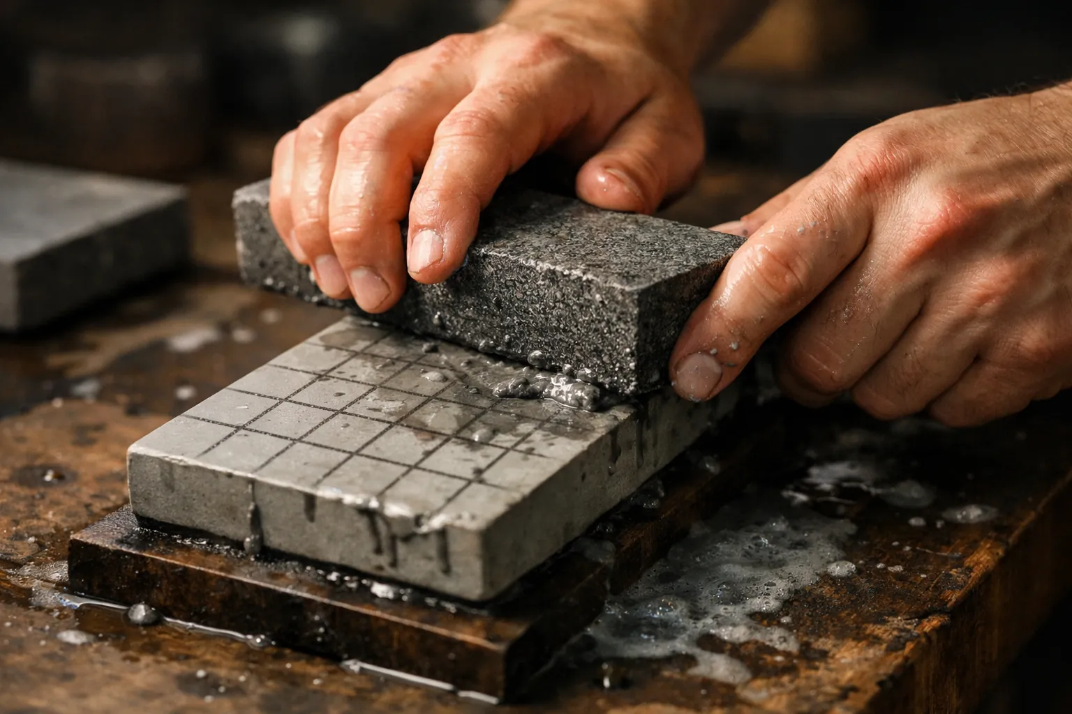 A flattening stone being rubbed across a whetstone with pencil grid lines