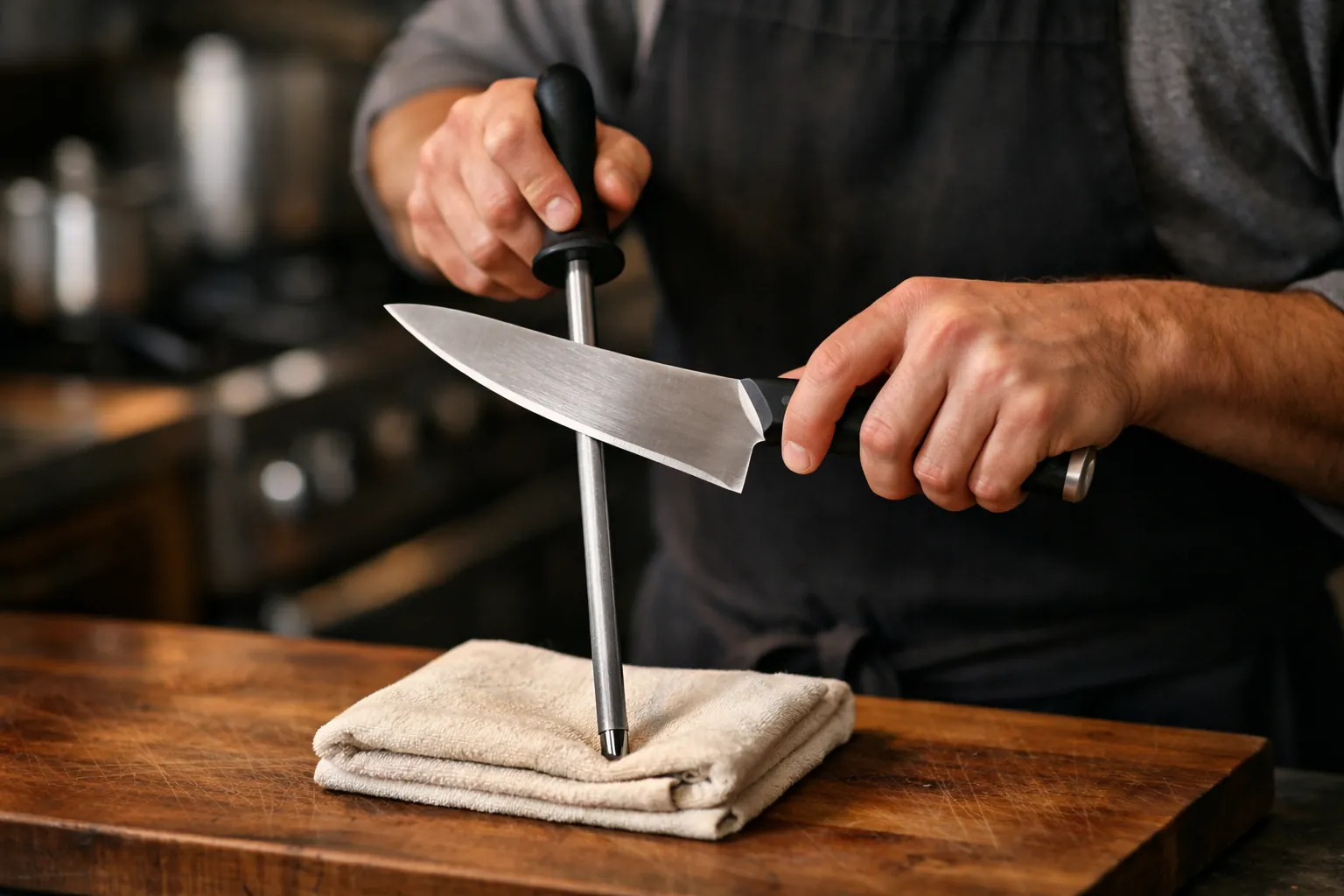 A cook honing a chef's knife on a rod resting on a towel