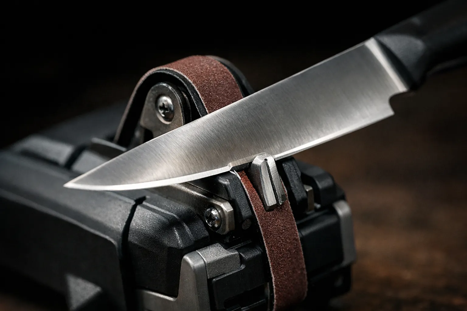 A narrow abrasive belt on a small electric sharpener with a blade in the guide