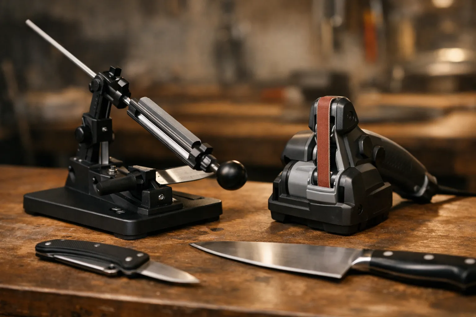 A guided benchtop knife sharpener and a compact powered belt sharpener side by side on a workbench