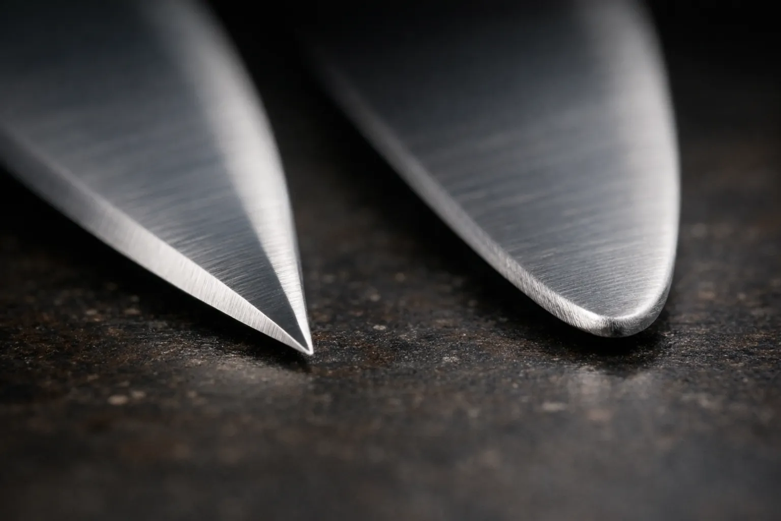 A crisp knife tip next to a slightly rounded knife tip