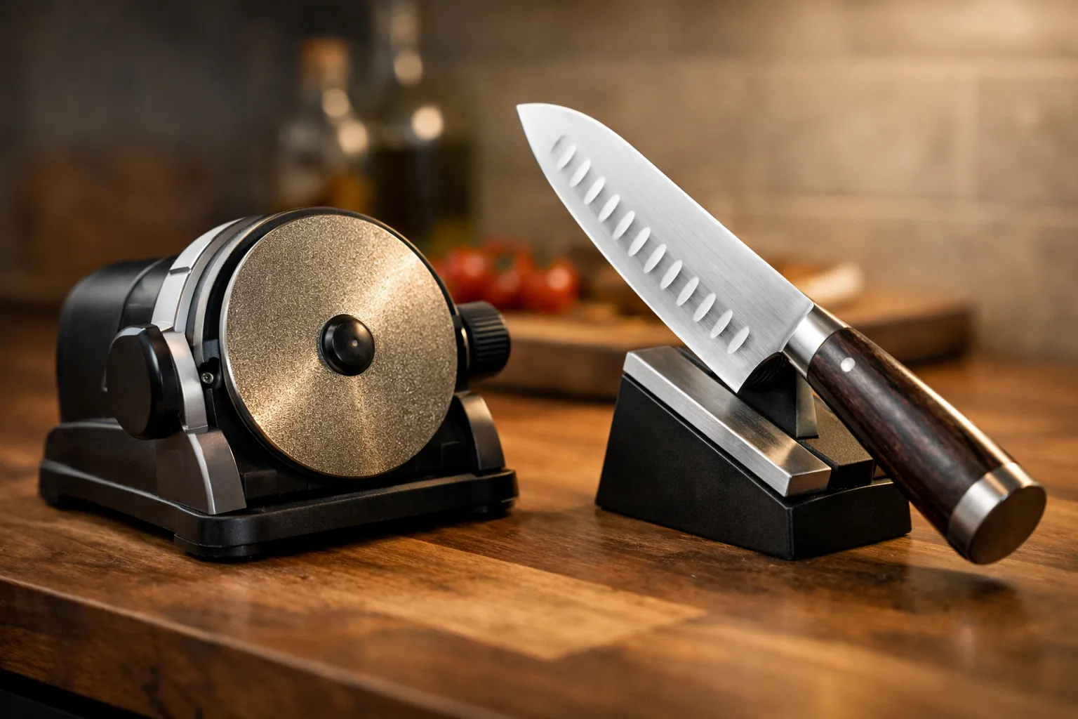 A rolling sharpener and magnetic angle block holding a santoku
