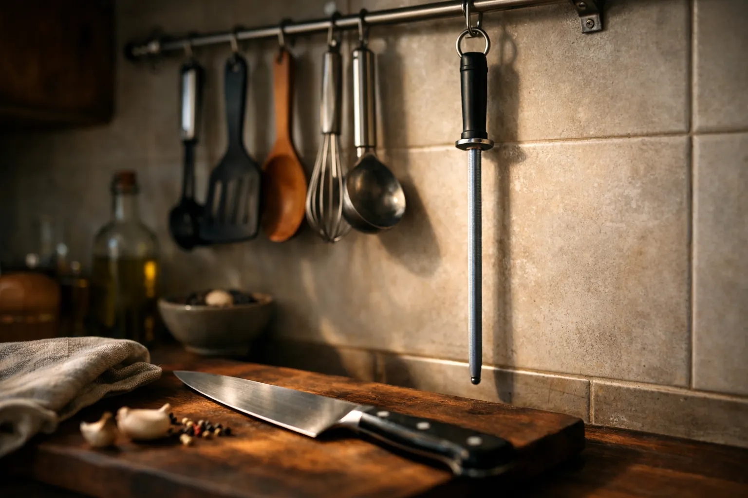 A honing rod hanging on a kitchen rail