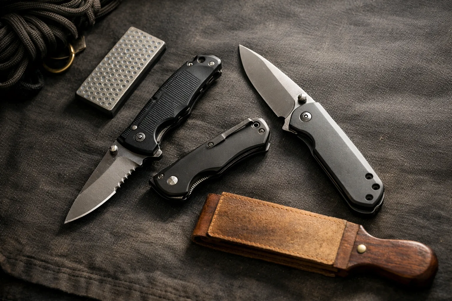 Two folding knives with a small diamond stone and a strop