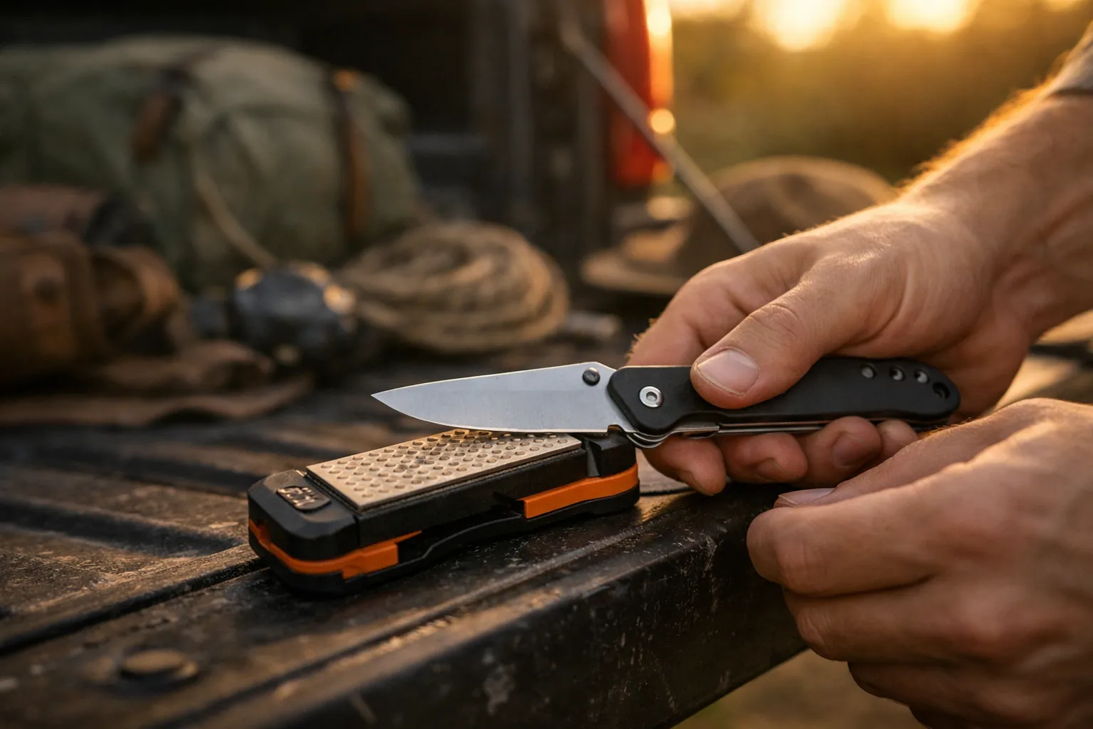 A folding pocket knife being sharpened on a compact handheld field sharpener on a tailgate