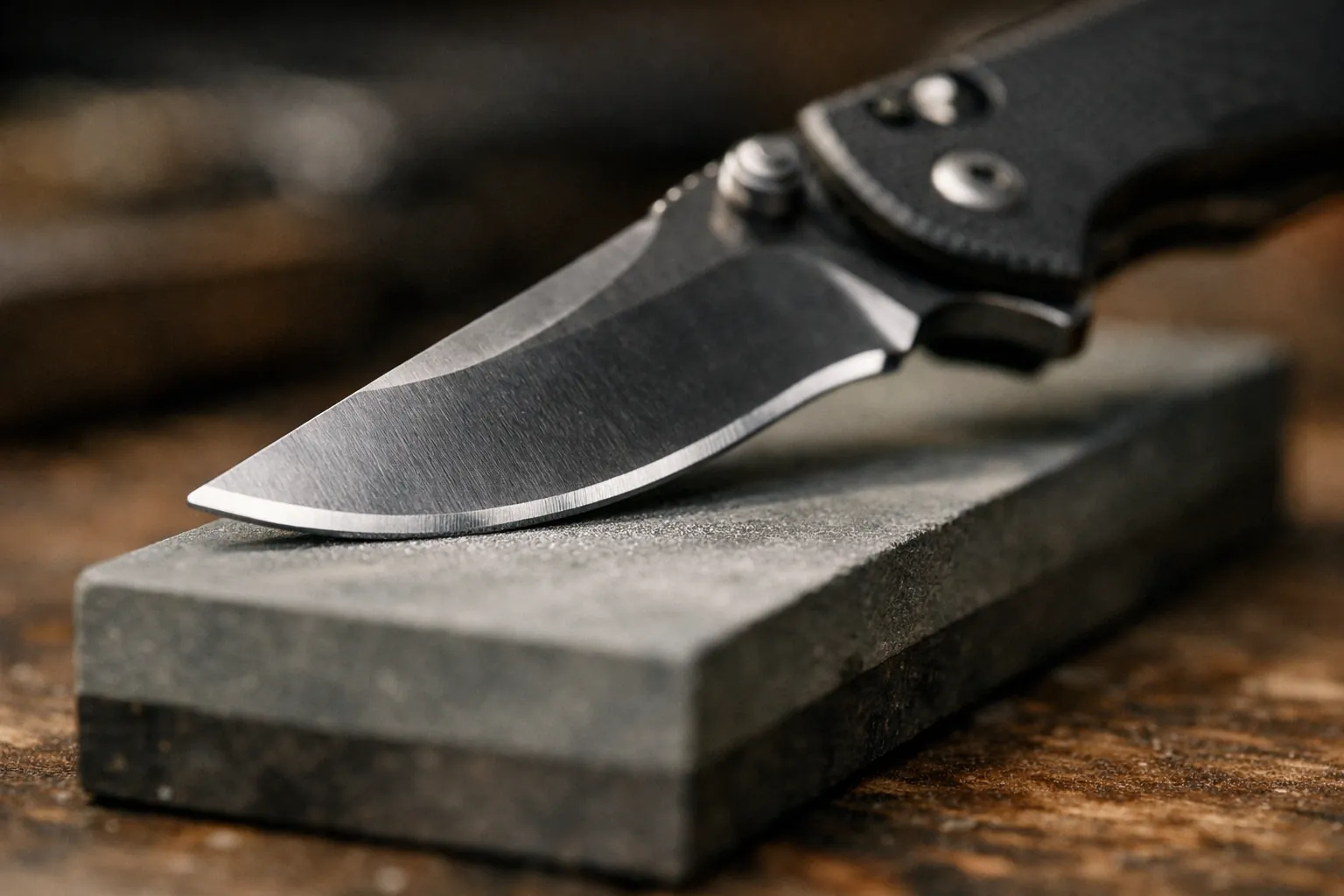 The curved belly and tip of a folding knife against a stone