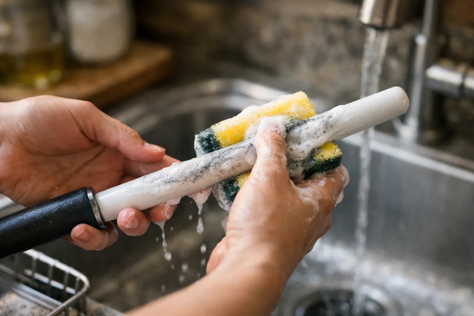 A ceramic honing rod being scrubbed clean at a sink