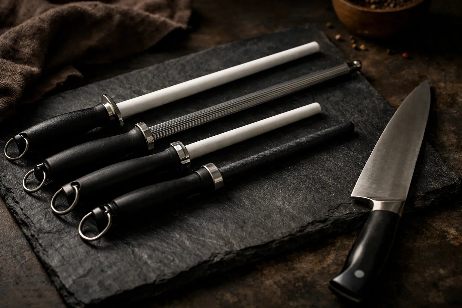Several honing rods laid out on a dark board next to a chef's knife