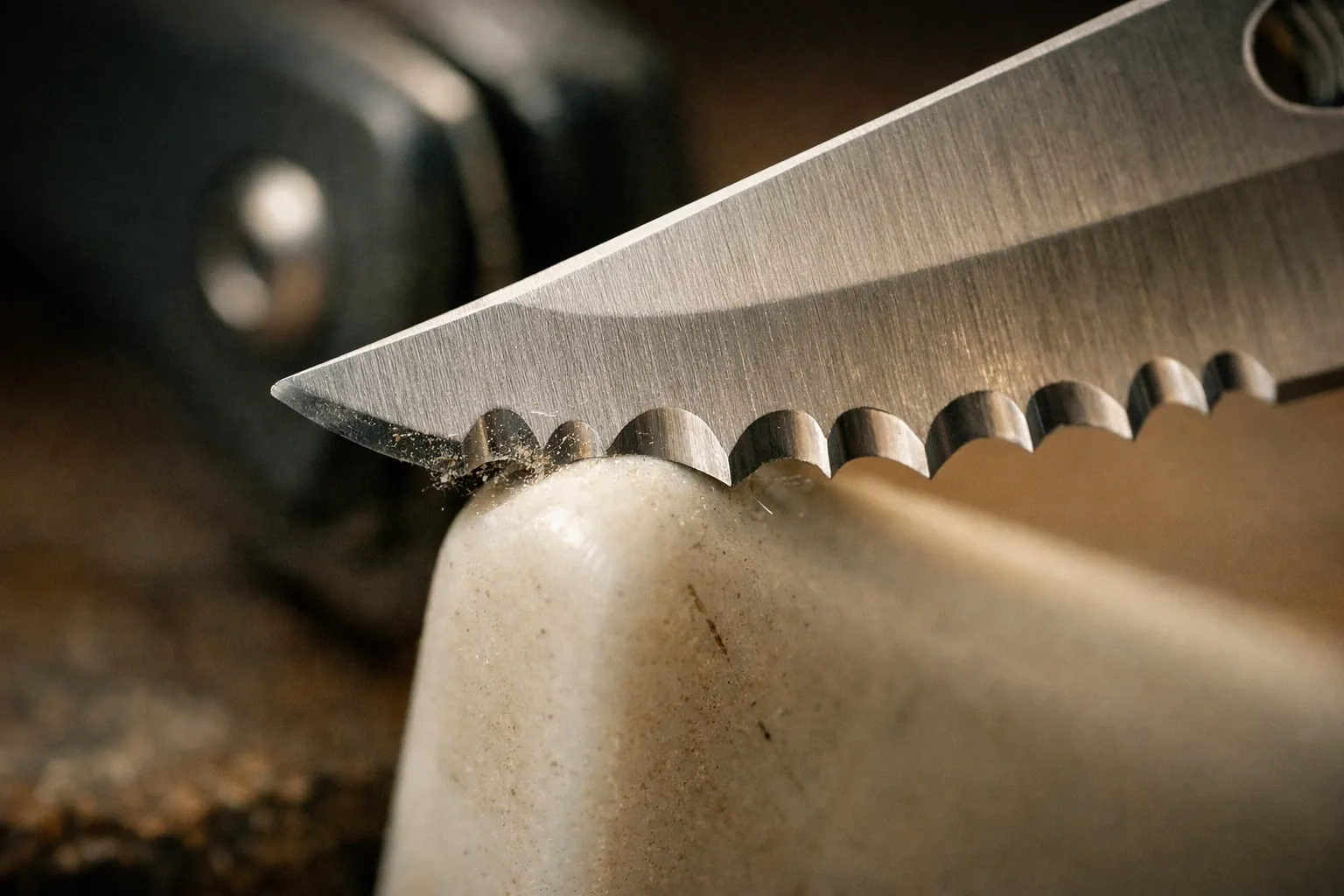 A serrated blade on the rounded corner of a ceramic rod