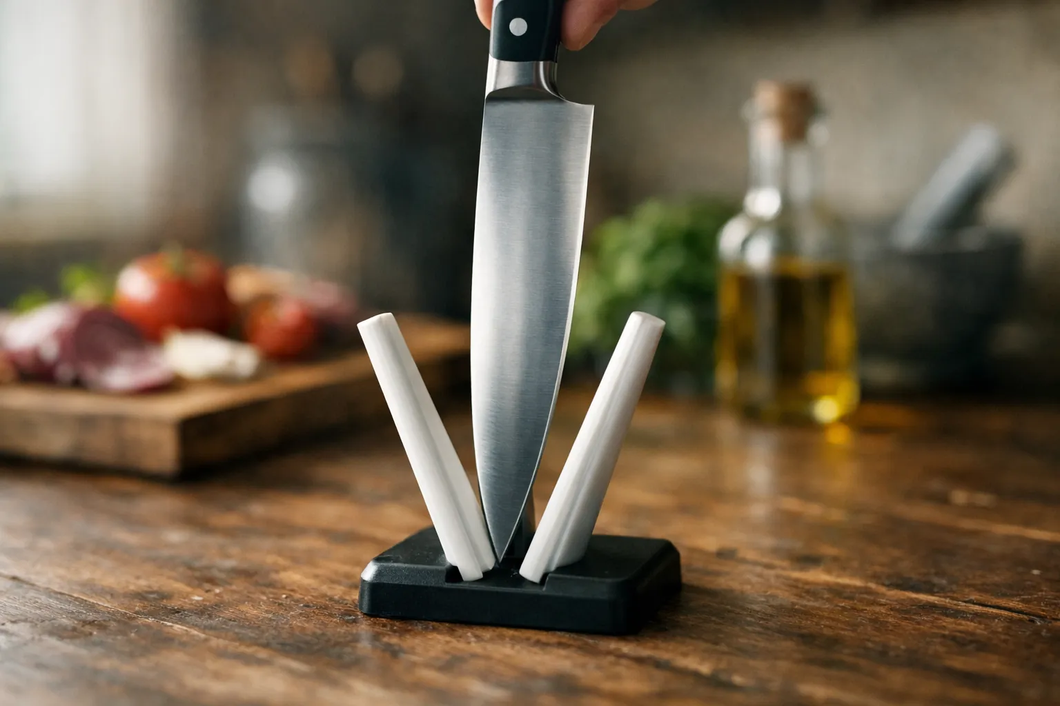 A chef's knife held vertically between two ceramic rods