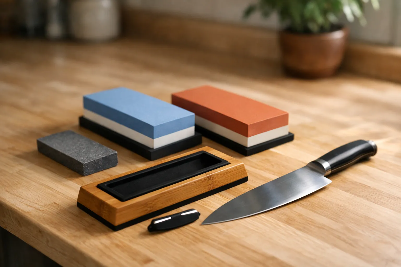 A beginner whetstone kit laid out: two dual-grit stones, a bamboo base, a flattening stone and an angle guide