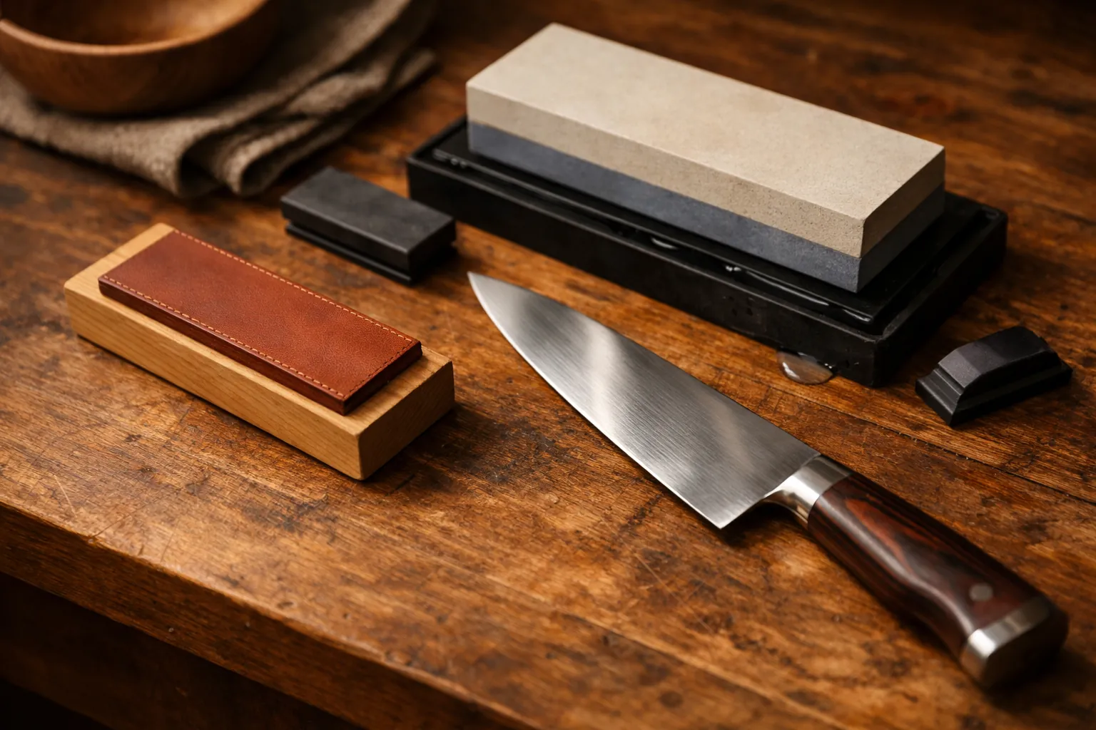 A leather strop beside a whetstone set and a chef's knife