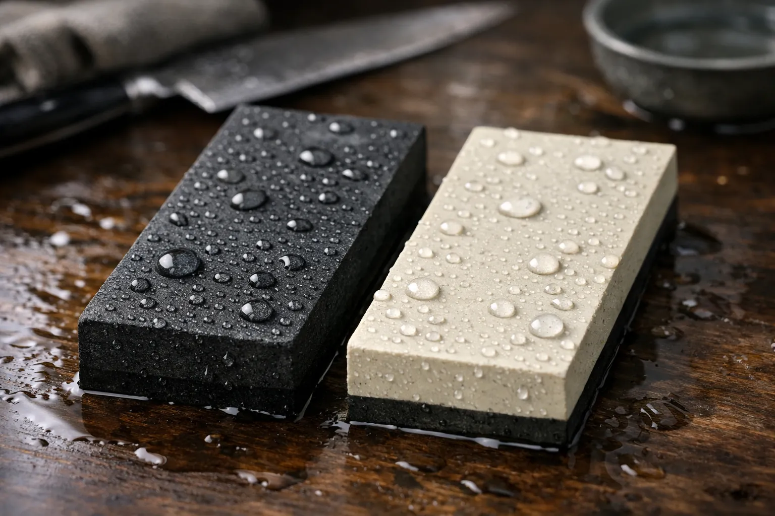 Two dual-grit whetstones side by side with water beading
