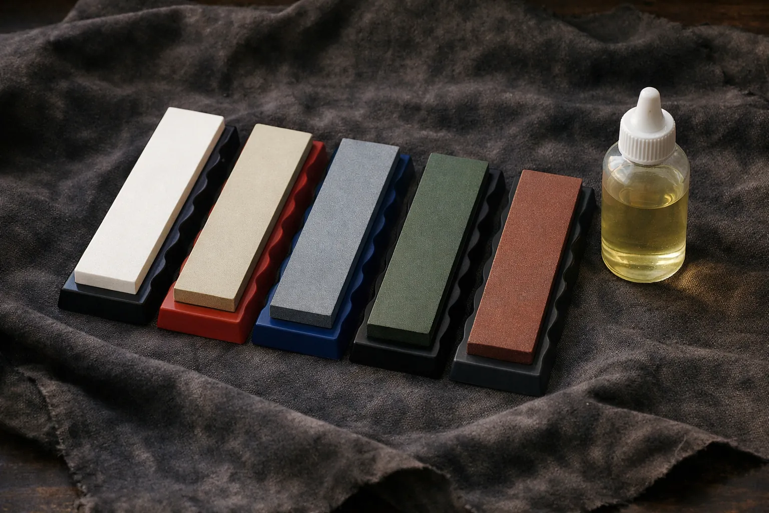 Five colored sharpening hones on holders with honing oil