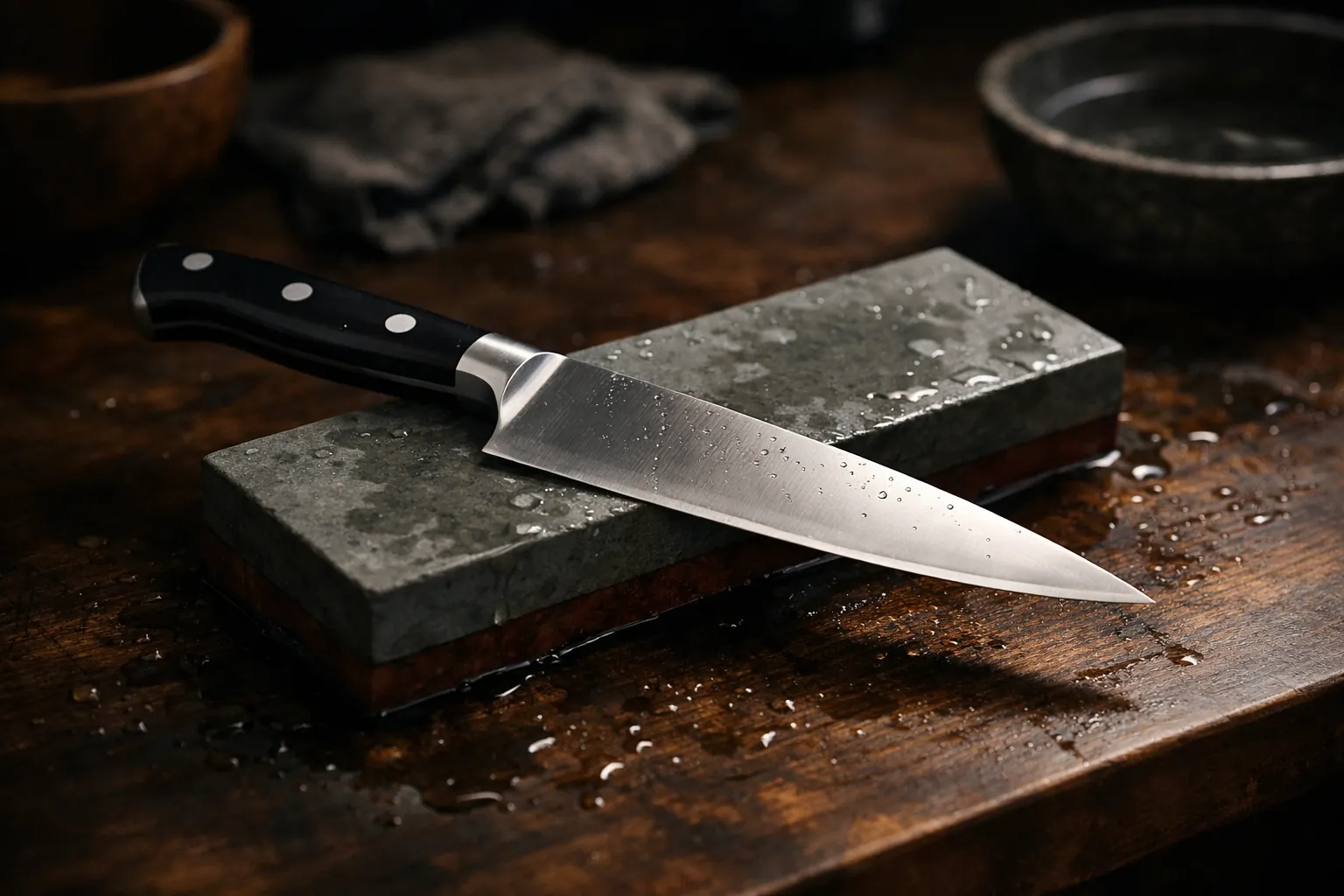 A German-style forged chef's knife with a full bolster resting on a whetstone