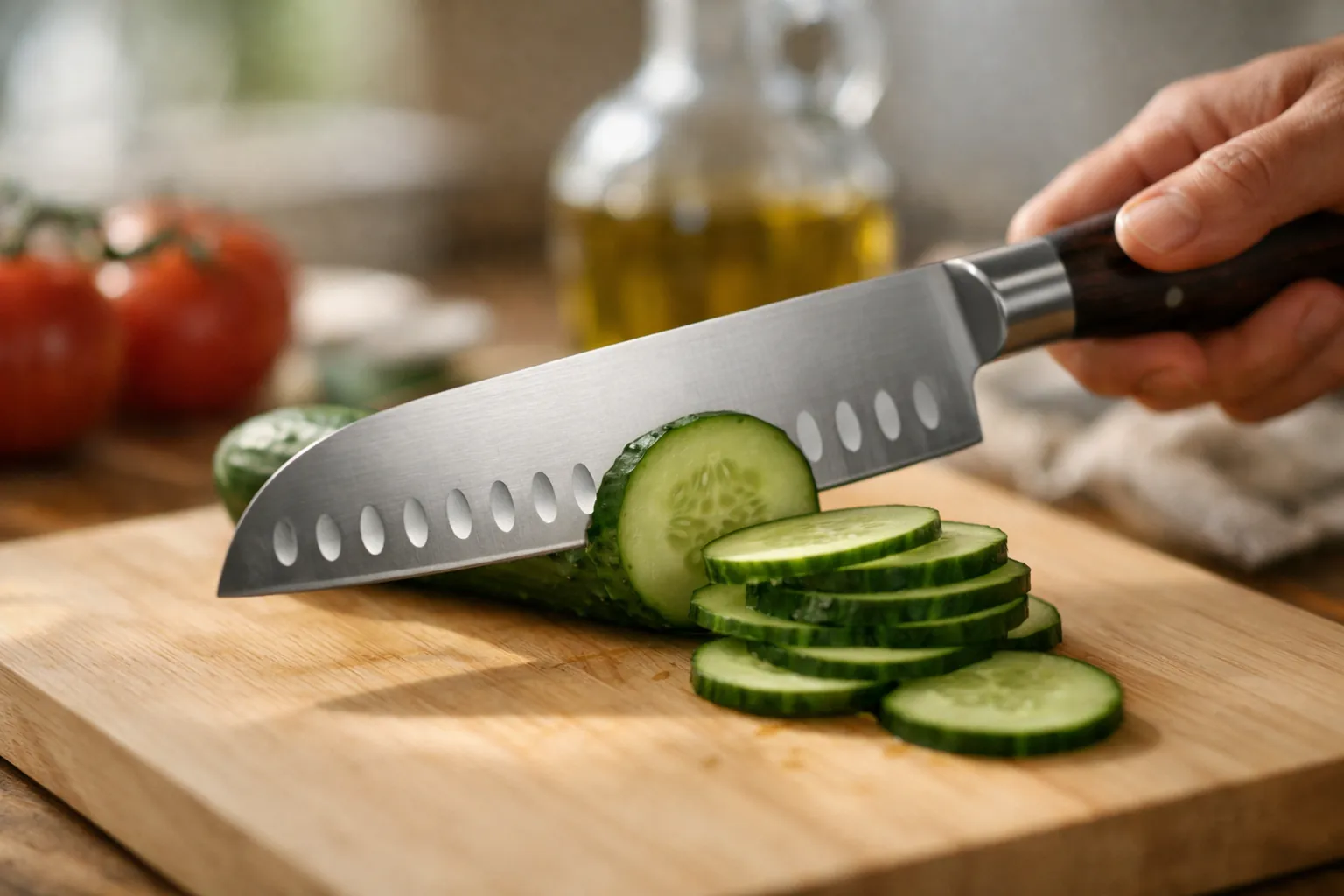 A hollow-edge santoku slicing cucumber on a wooden board