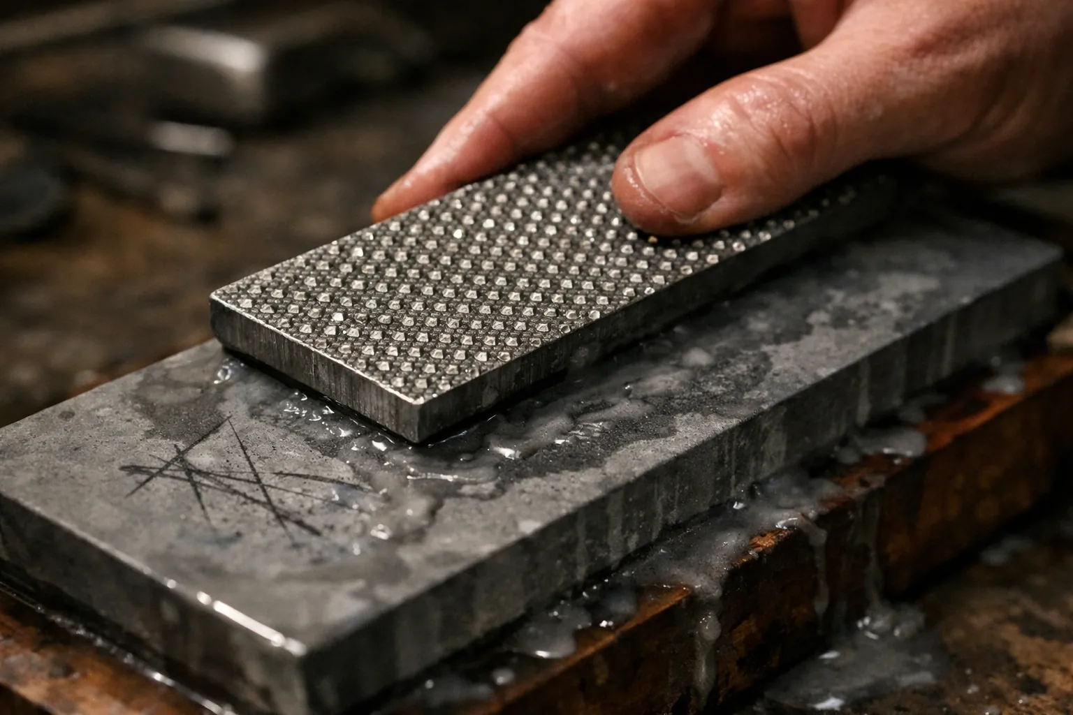 A diamond plate flattening a water stone