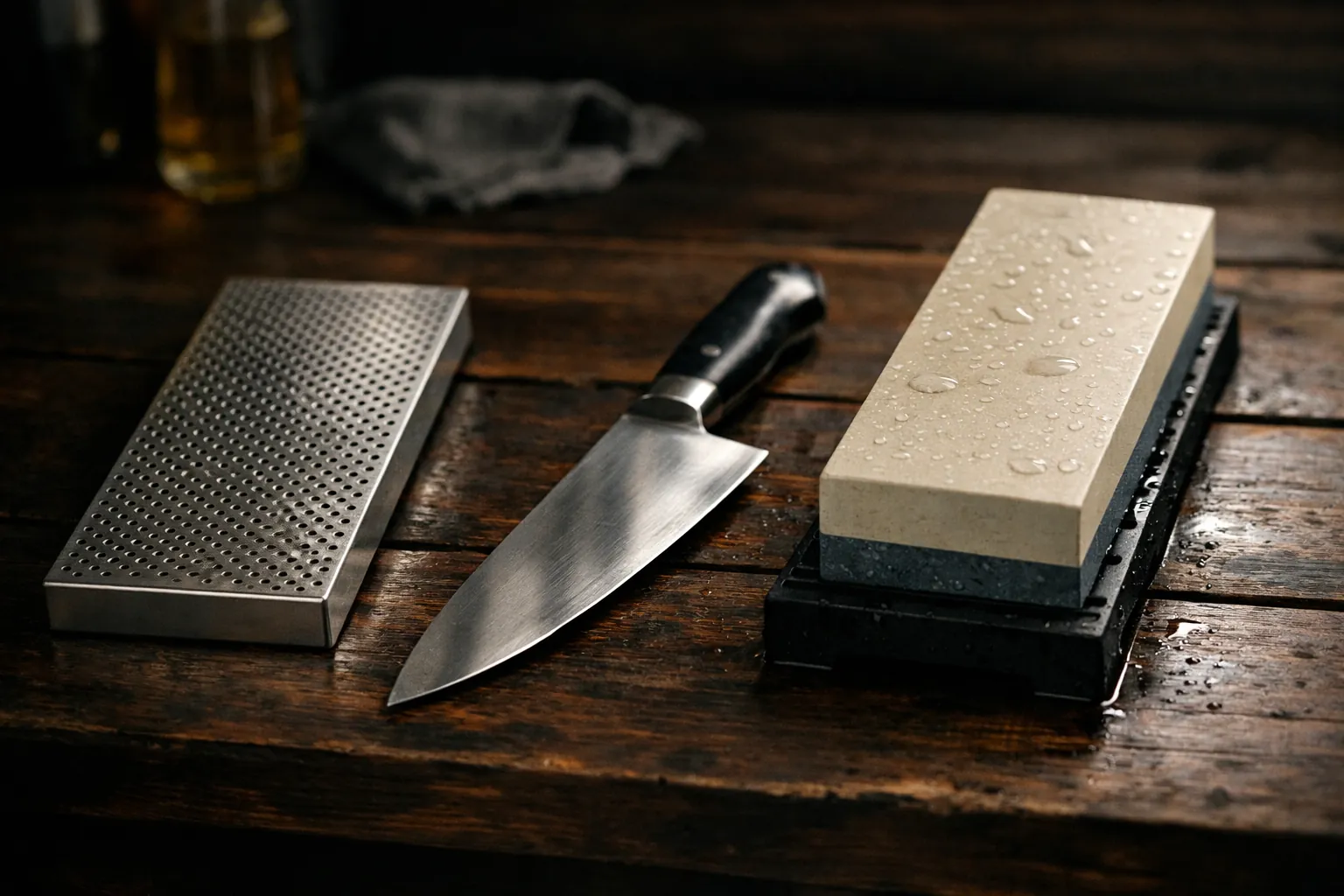 A metallic diamond sharpening plate beside a wet ceramic water stone on a wooden bench