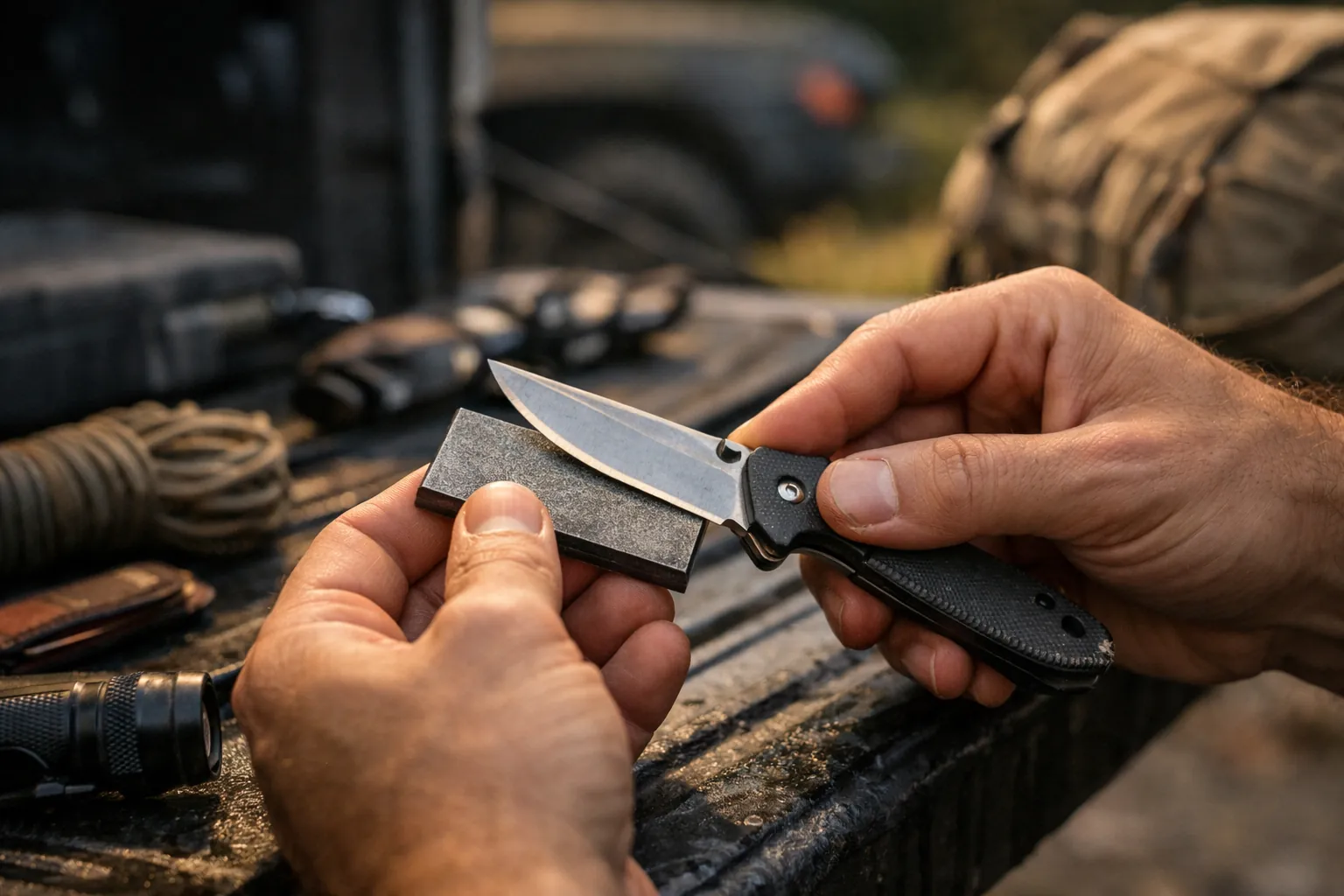 A small diamond stone sharpening a folding knife outdoors