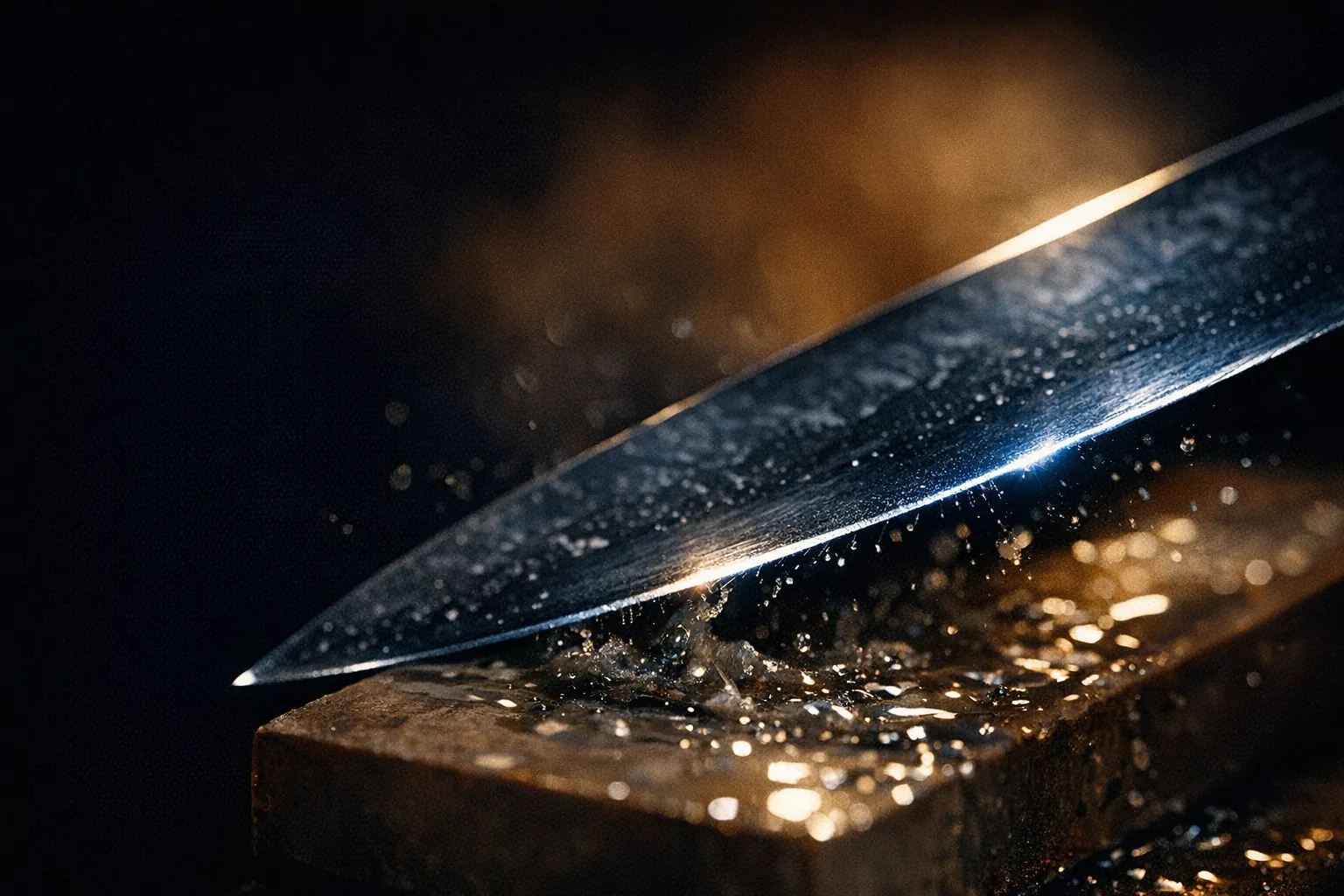 A chef's knife drawn across a wet whetstone, water spraying off the edge